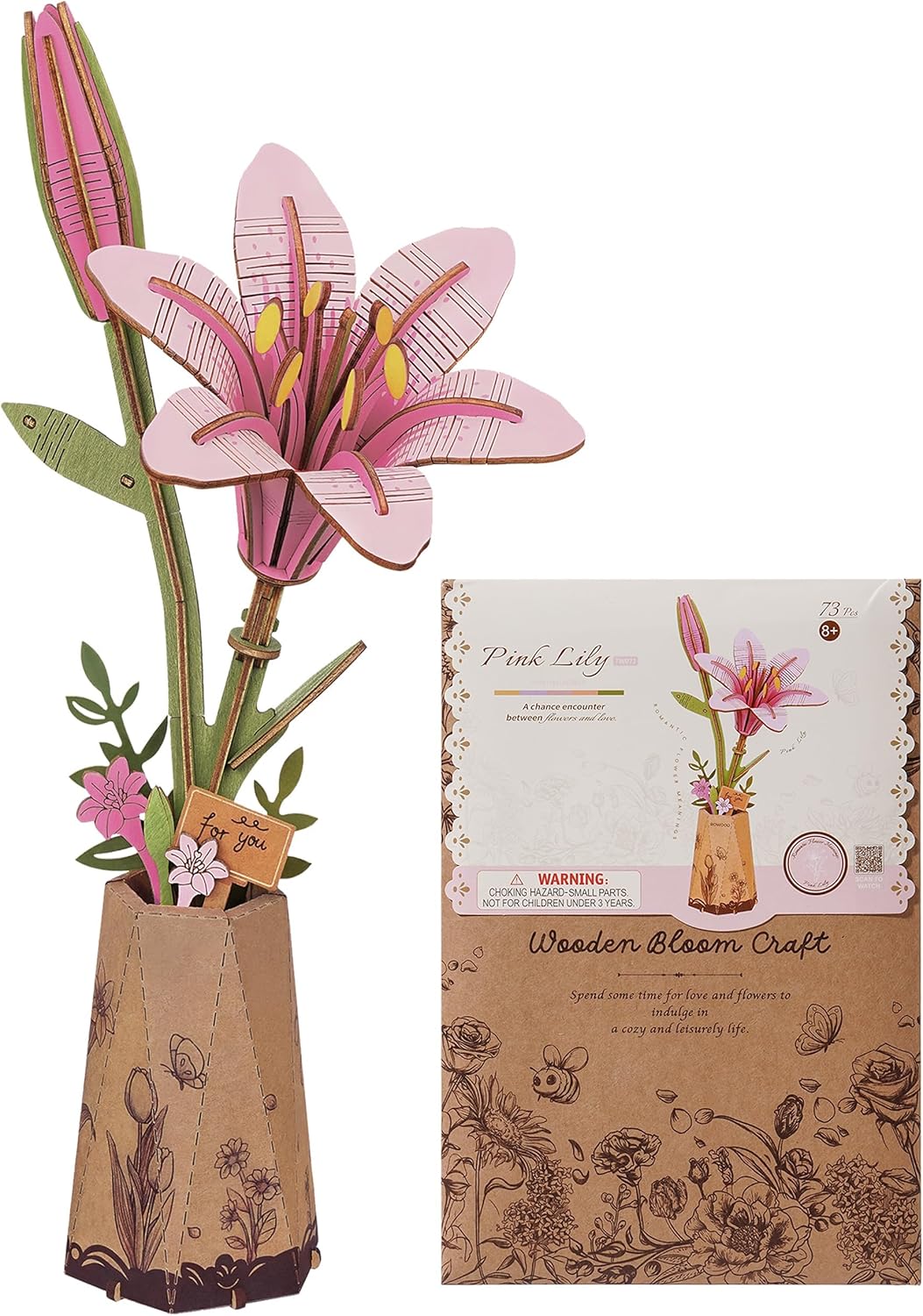 Skiennix 3D Flower Wooden Puzzle - Pink Lily DIY Model Kit for Adults | Creative Gift for Mother's Day (73 PCS)