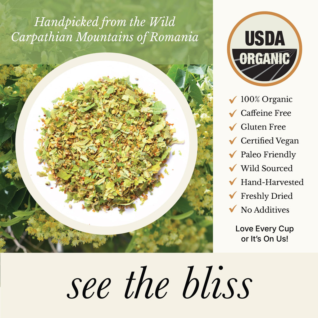 Wild Bliss Organic Linden Flower Tea - Caffeine Free Loose Leaf Calming Herbal Tea - 2.82 Ounces - 40 Servings