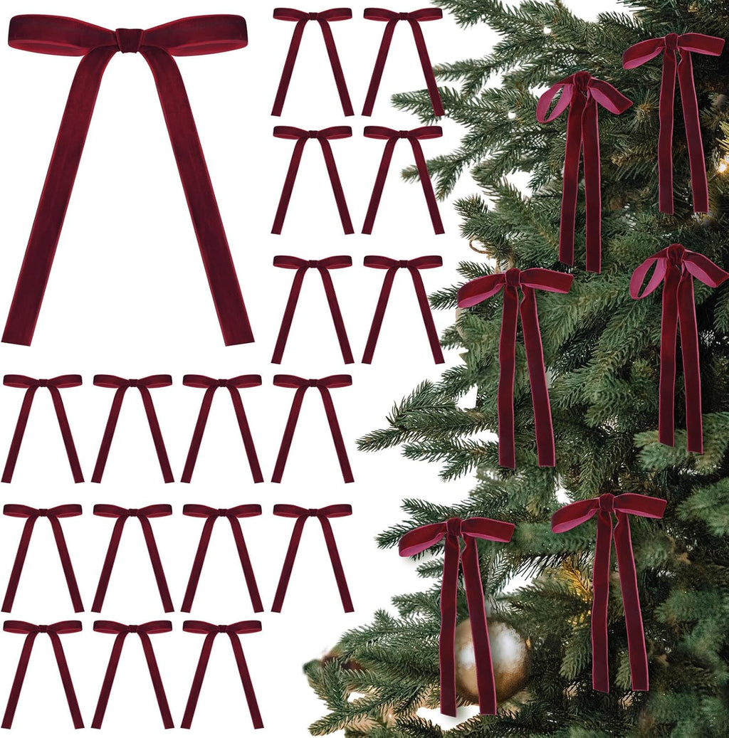 Regine Switzerland 24 Pcs Velvet Bows - Vintage Ribbon Bows for Christmas Tree & Crafts | Burgundy, 5 x 7 Inch