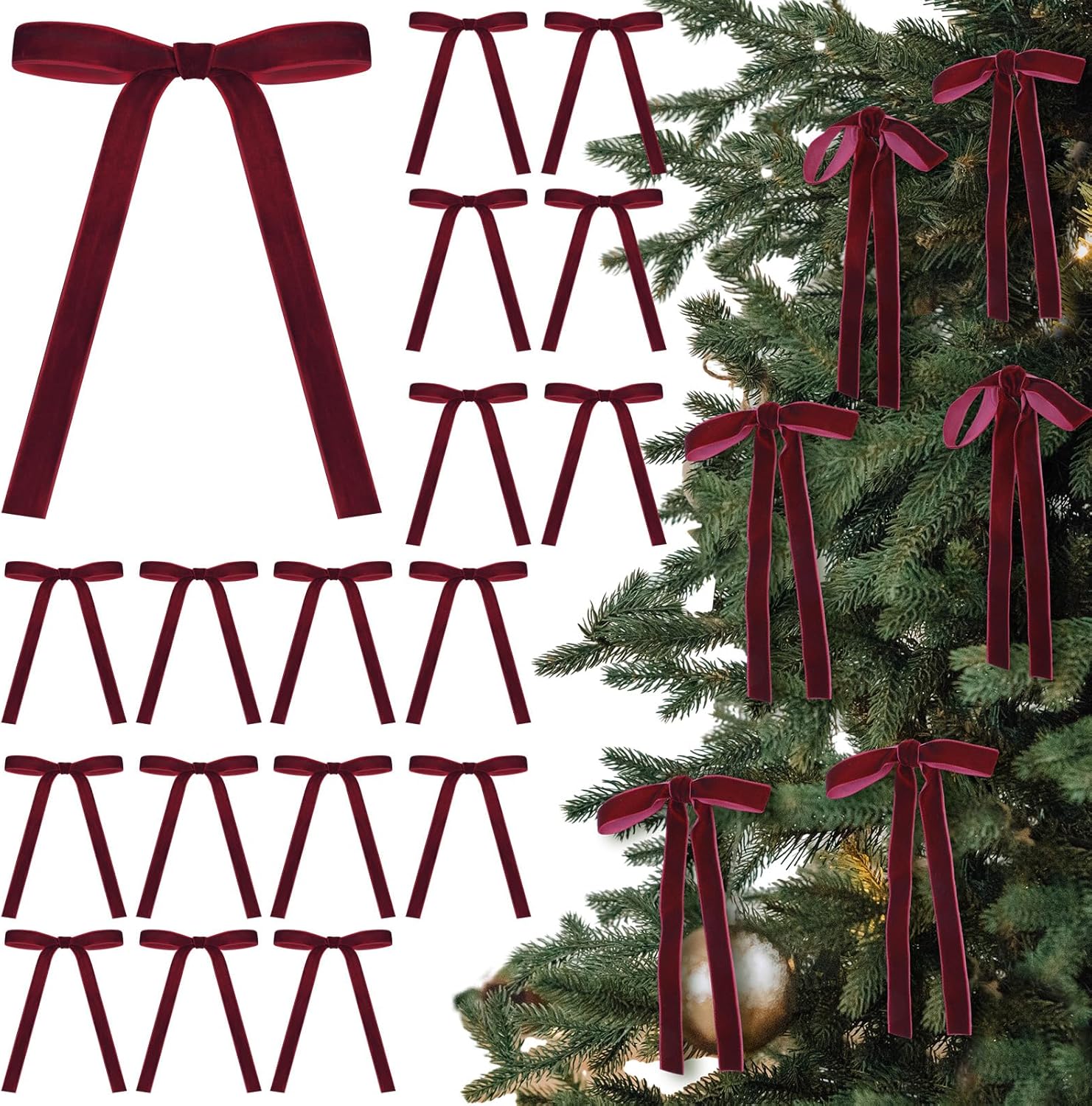 Regine Switzerland 24 Pcs Velvet Bows - Vintage Ribbon Bows for Christmas Tree & Crafts | Burgundy, 5 x 7 Inch