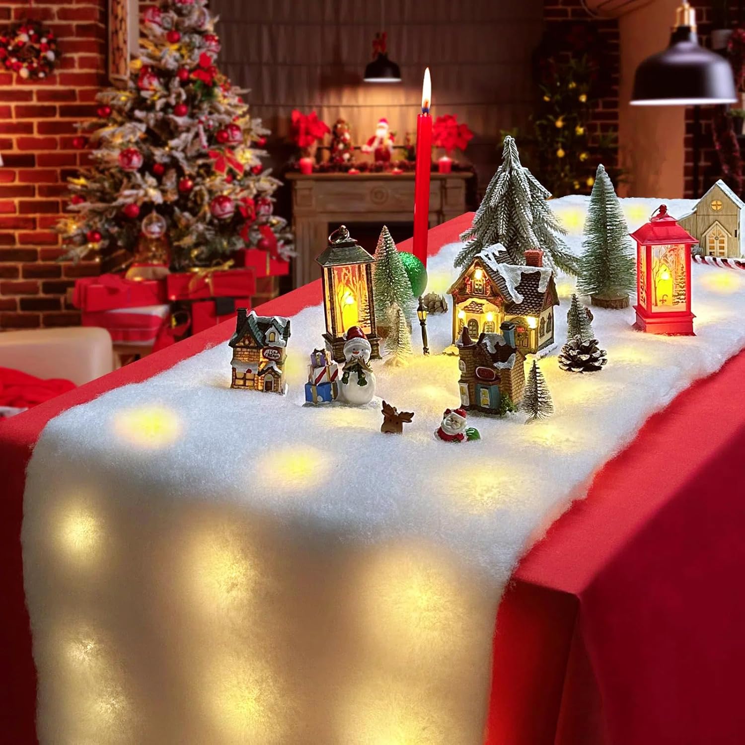 Skiennix Christmas Snow Blanket - 1.3x5.25 Ft Faux Snow Roll with 50 LED Lights for Winter Village Display