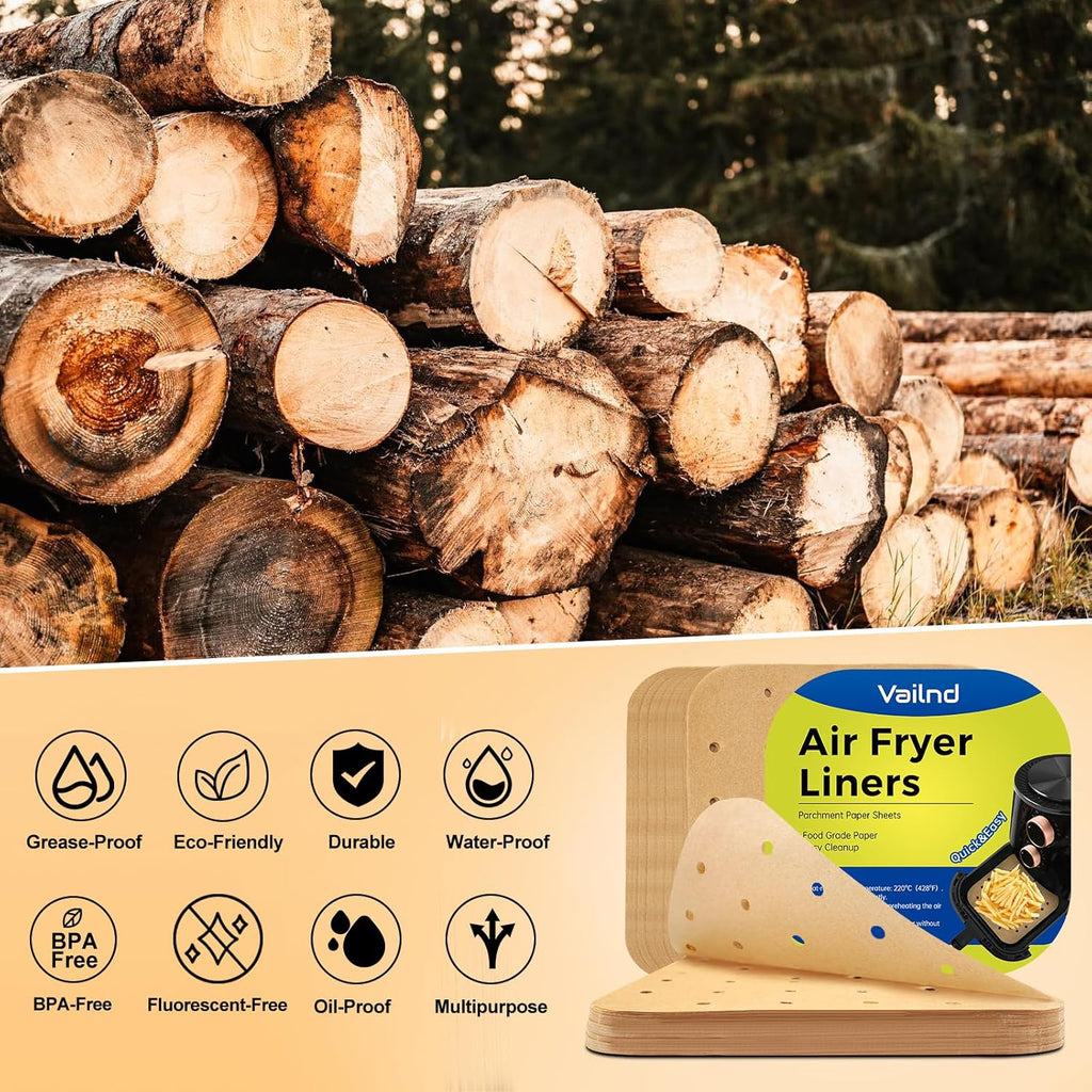 Vailnd Disposable Air Fryer Liners - 200 Pcs Unbleached Parchment Paper Sheets | 8.5" Square for 5-8 Qt Air Fryers