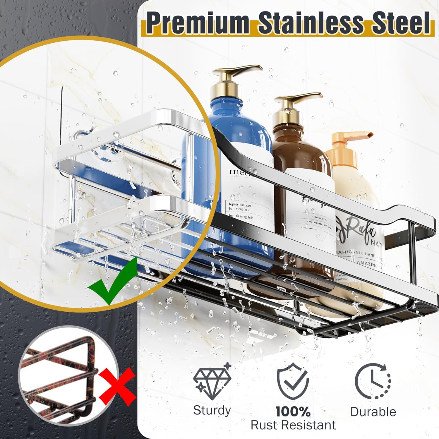 OMAIRA Shower Caddy - 5-Pack No-Drill Rustproof Organizer with Soap Holder | X-Large Black for Smooth Walls