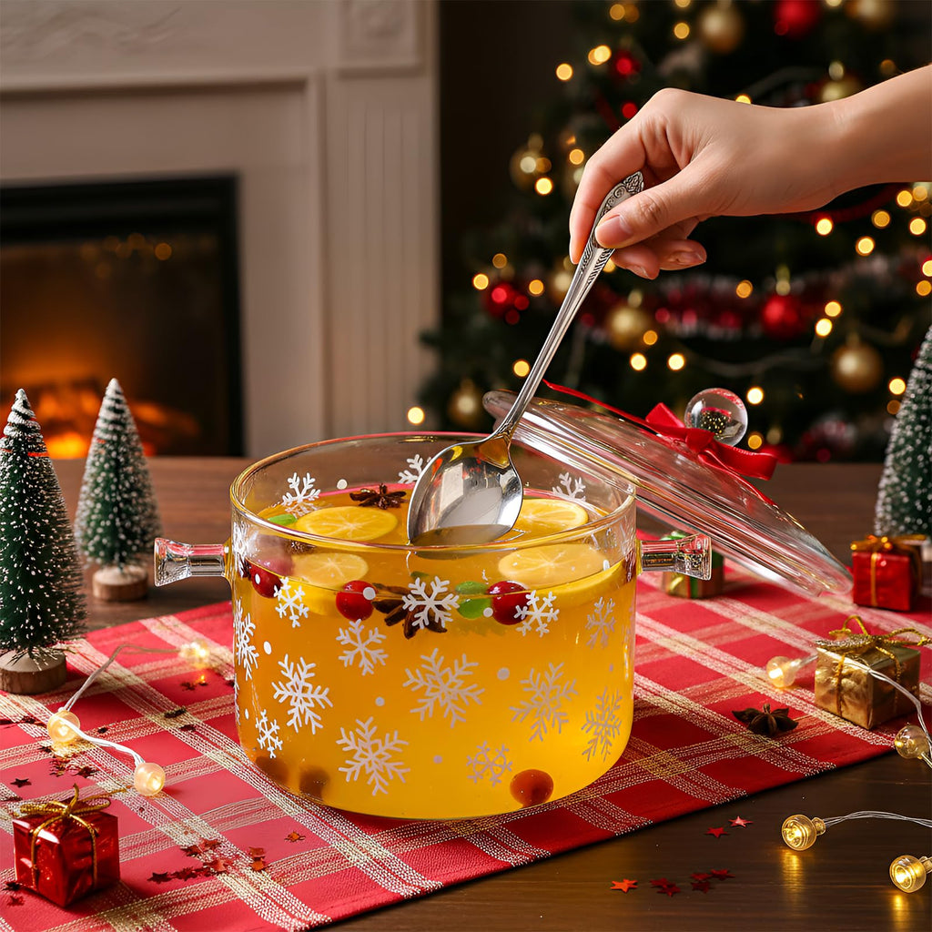 Potchen 2 Pack Christmas Simmer Pot Gift Glass Saucepan with Lid 51 oz Snowflake Holiday Pot for Cooking Mulled Wine, Hot Cocoa, Sauces Festive Stovetop Glass Cookware for Christmas Kitchen Gifting