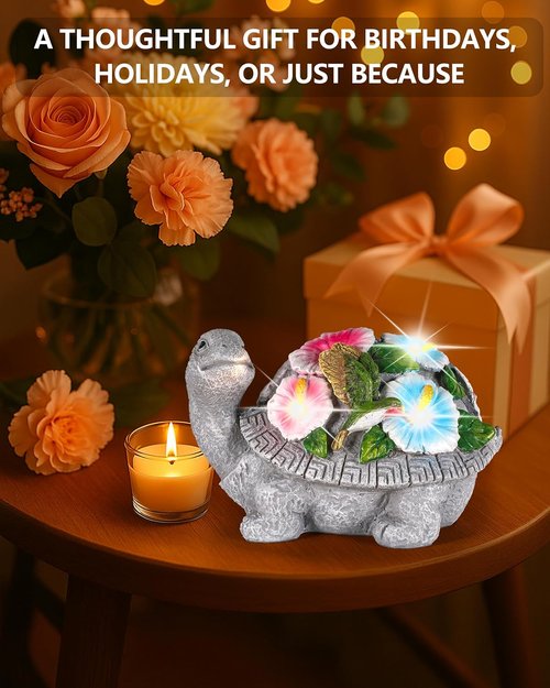 GoGnome Solar Turtle Figurine Lights - 5.5-Inch Garden Statue with Hummingbird Flower | Perfect Outdoor Yard Decoration & Gift