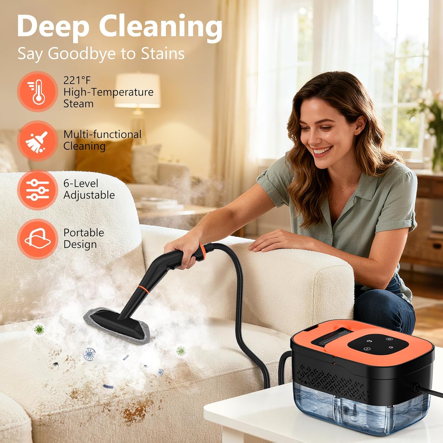 Skiennix Portable Steam Cleaner - 16-Piece Accessory Set | 6-Level Adjustable Heat, Fast 15s Heat-Up, Handheld for Home & Car Detailing - Orange