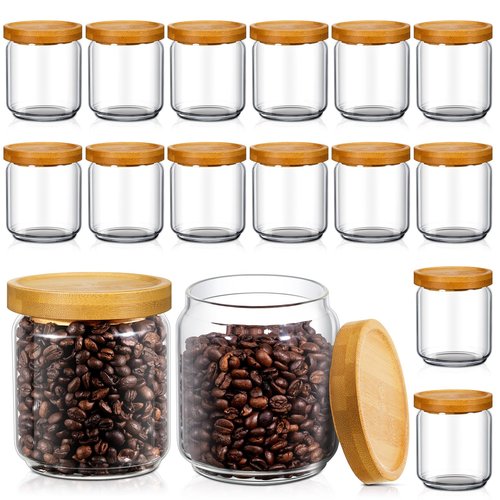 Irenare 16 Pack Glass Containers Canister Set, 17 oz Food Storage Spice Jars with Airtight Lids, Clear Kitchen Containers for Coffee Sugar Tea Beans Nuts Candy Pantry Organization (Bamboo)
