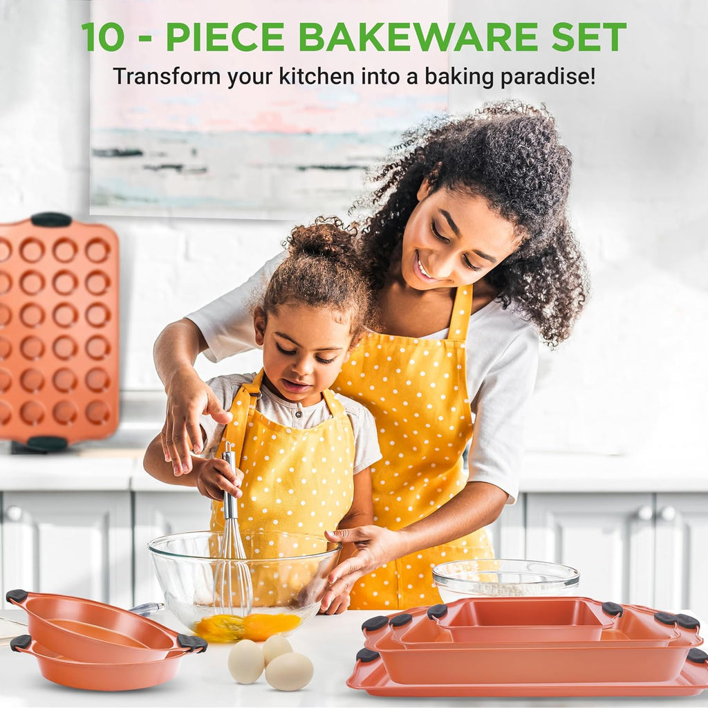 NutriChef 10-Piece Nonstick Baking Pans Set - Versatile Bakeware for Cookies, Cakes & Roasting | Includes Cookie Sheet, Muffin Pan, Cake Pan & Pizza Pans