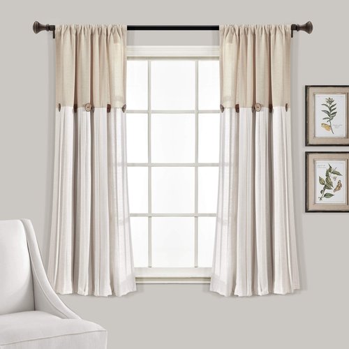 Lush Decor Linen Button Window Curtain Panel, Single, 40" W x 45" L, Linen - Country Curtains - Rustic Decor - Color Block Modern Farmhouse Curtains For Living Room, Bedroom & Dining Room