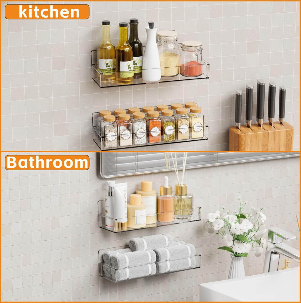 Yieach 4 Pack Clear Spice Rack Wall Mount with Adhesive,11.5″L x 3.6″W,Stick on Seasoning Jar Spice Organization for Cabinet Door or Pantry Door,Adhesive Wall Spice Rack for RV,Kitchen,Inside Cabinets