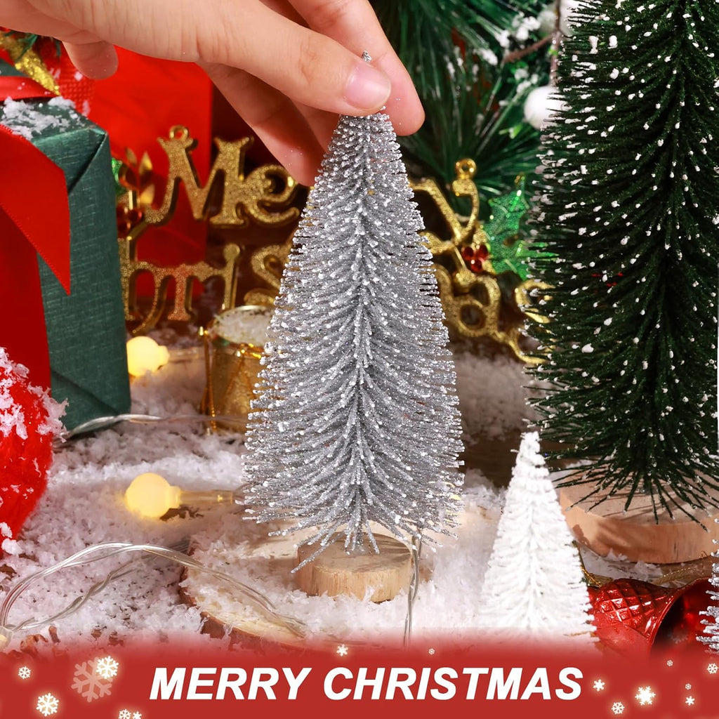 Skiennix Mini Christmas Trees - 6pcs Bottle Brush Decorations for Indoor/Outdoor Holiday Decor | Green, Silver, White