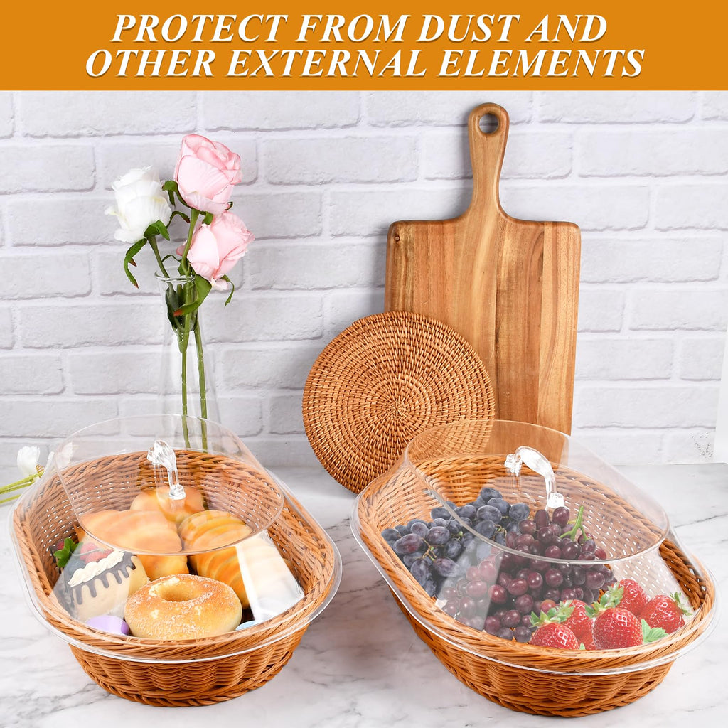 Milkary 2 Pack Wicker Bread Basket with Acrylic Lid, Imitation Rattan Bread Basket, Oval Woven Fruit Basket with Cover for Food Vegetables Display (13.78x9.84x5.91 In)