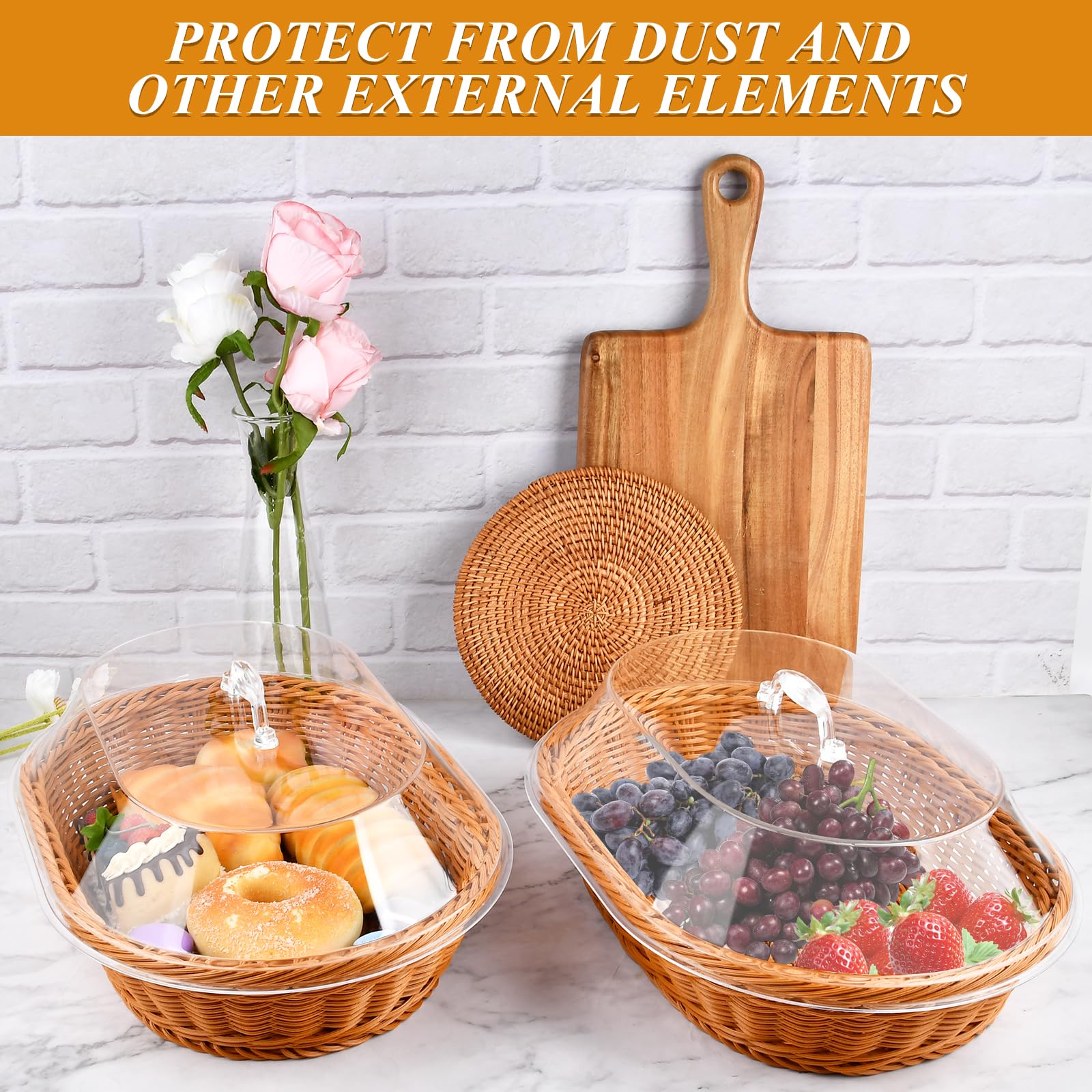 Milkary 2 Pack Wicker Bread Basket with Acrylic Lid, Imitation Rattan Bread Basket, Oval Woven Fruit Basket with Cover for Food Vegetables Display (13.78x9.84x5.91 In)