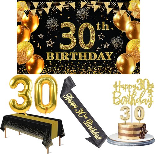 30th Birthday Decorations - Black and Gold Banner, Table Cloth, Balloons, Sash & Cake Topper