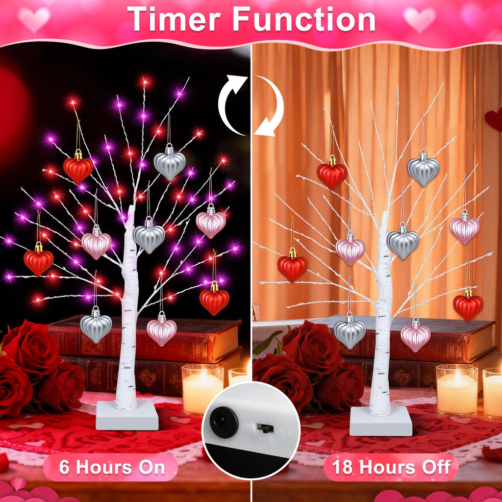 [Timer] Valentines Day Decorations Indoor 2 Pack 24 Inch Valentines Tree with 65 Red & Pink Lights 18 Hearts, USB & Battery Operated Valentines Decor, Valentines Day Decorations for Home Table Bedroom