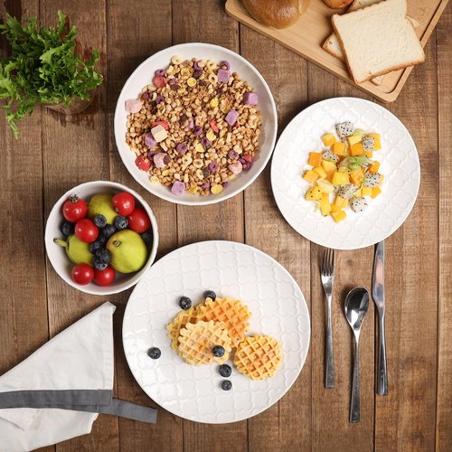 Sureasy Ceramic Dinnerware Set for 4-16 Pieces Embossed Plates and Bowls Sets, Scratch Resistant Dish Set, Microwave, Oven & Dishwasher Safe, White