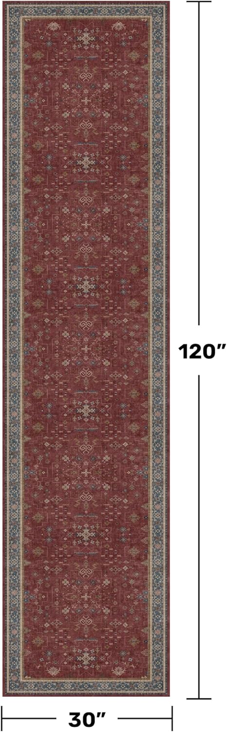 Skiennix Dark Red Hallway Runner Rug - 10ft Washable Non-Slip Indoor Mat | Soft Low Pile Boho Floral Design
