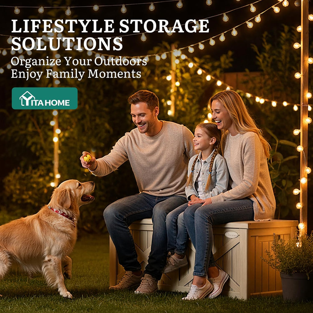 YITAHOME 150 Gallon Outdoor Storage Box - Waterproof Resin Deck Bench for Patio & Garden - Lockable, Taupe