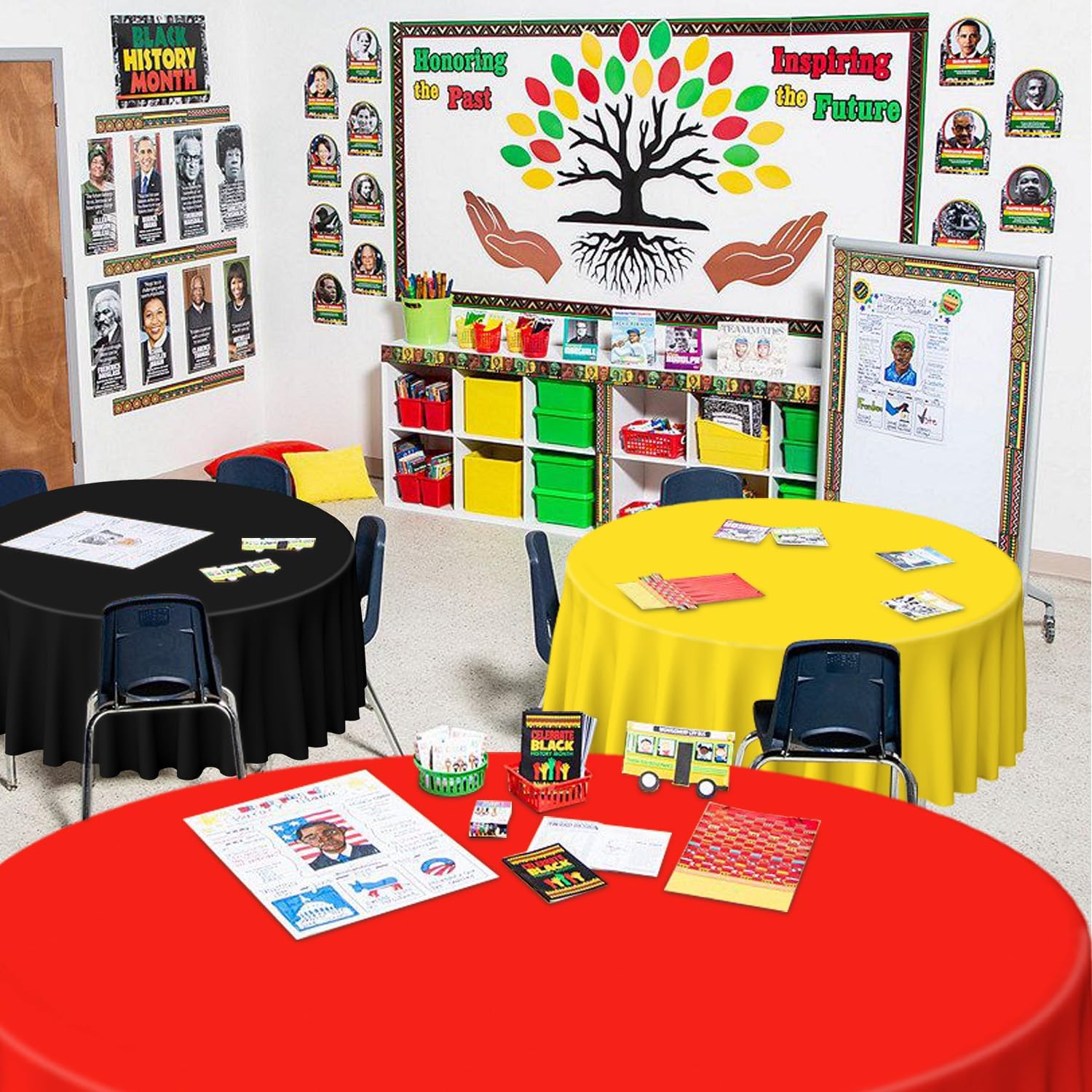 PIXHOTUL 4 Pcs Red Green Yellow Black Plastic Tablecloths, Disposable Round Table Cloth for Black History Month Juneteenth Decorations Black History Table Decorations, 84 x 84 inch