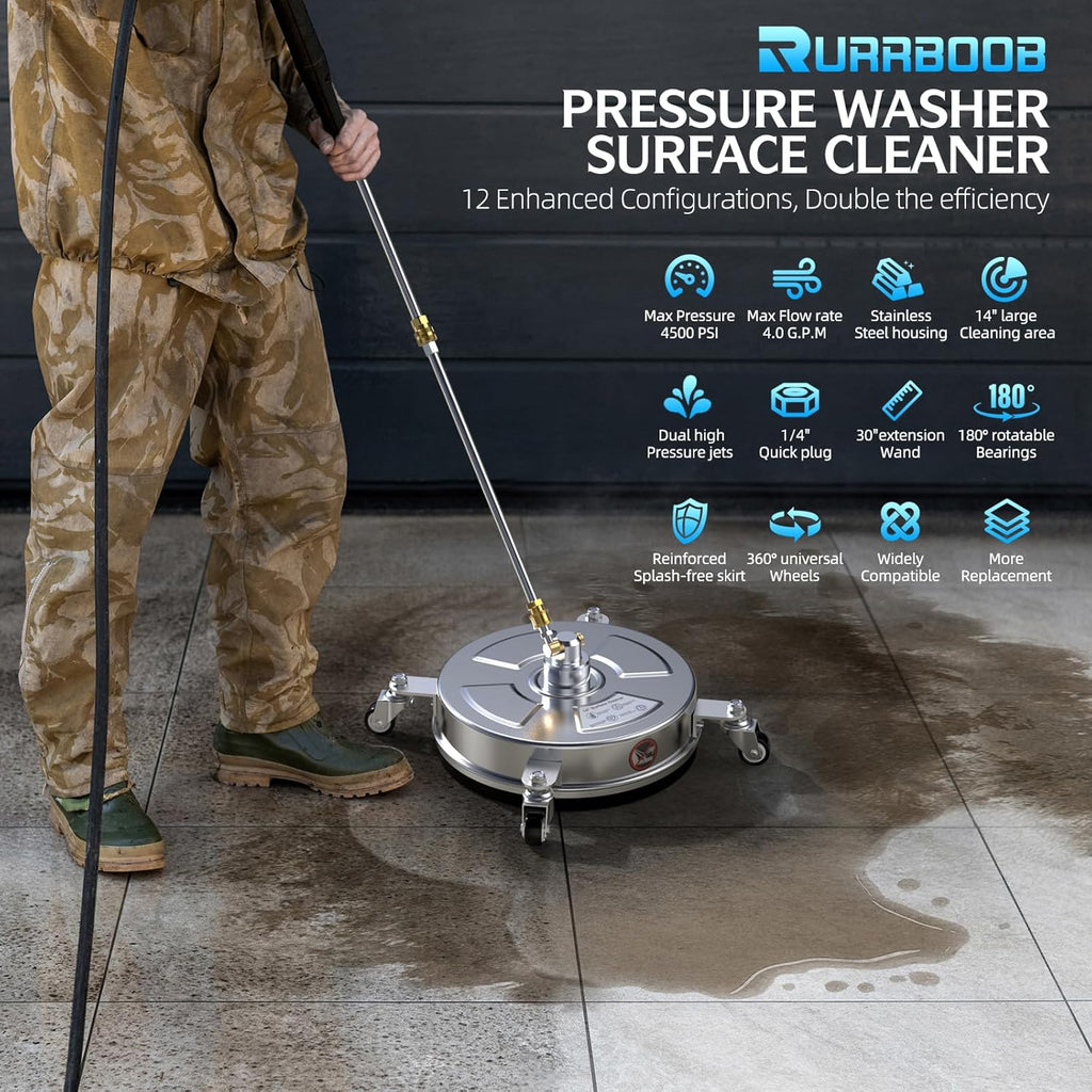 Pressure Washer Surface Cleaner - 14" 4500 PSI | Durable 304 Stainless Steel, 4 Wheels & 2 Wands
