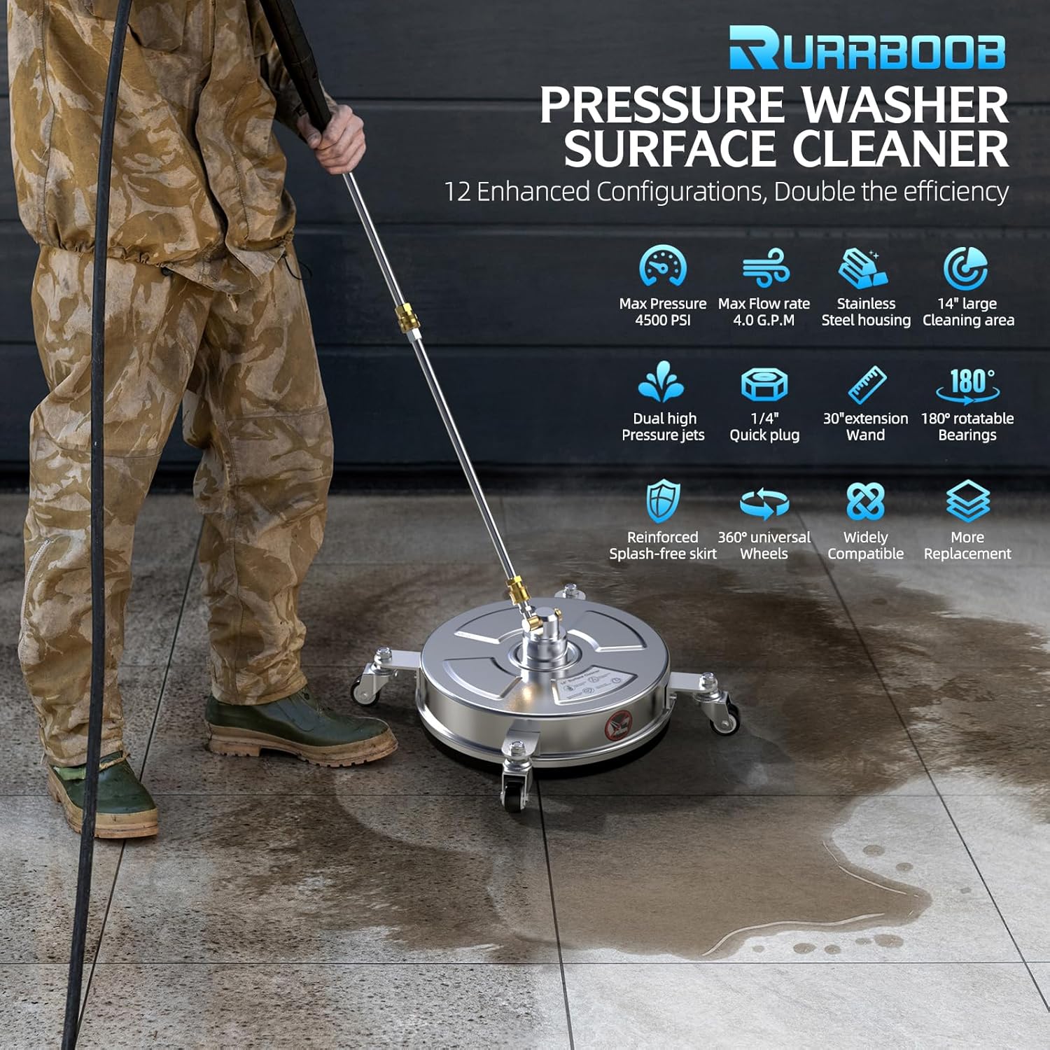 Pressure Washer Surface Cleaner - 14" 4500 PSI | Durable 304 Stainless Steel, 4 Wheels & 2 Wands