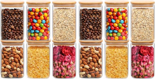 ComSaf Glass Storage Containers - 1.2 QT Square Jars with Lids for Pantry Organization - Set of 2