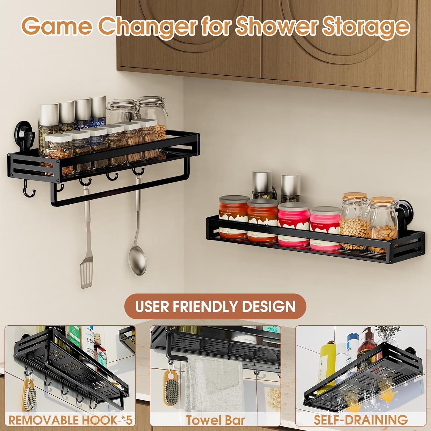Skiennix Shower Caddy - 15.7 Inch No-Drill Suction Shelf with Hooks | Rustproof Bathroom Organizer - Black