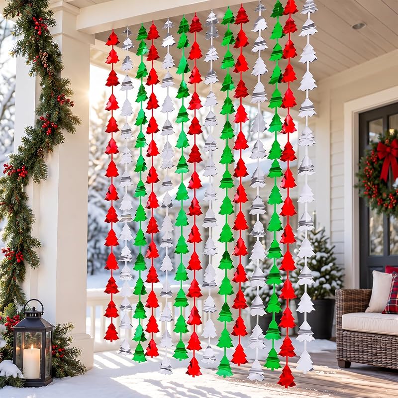 Mega-L 2 Pack Christmas Foil Fringe Curtains - 3.3 x 6.6 ft Tree Shaped Backdrop, Red-Silver-Green, Variation Red Silver Green+2 Pack