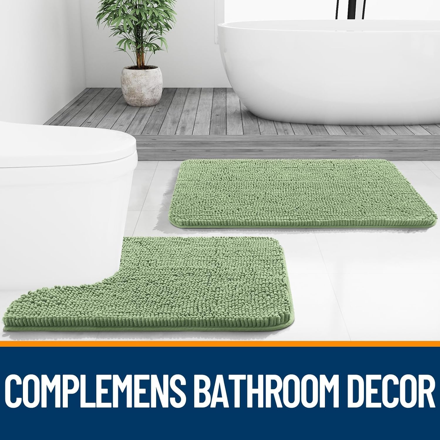 OLANLY U-Shaped Toilet Rugs - Extra Soft, Absorbent Chenille Bathroom Mat | 20x20, Sage Green, Non-Slip