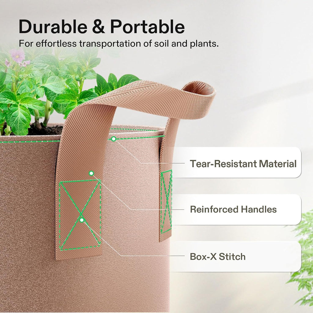 VIVOSUN 15 Gallon Heavy-Duty Grow Bags - Thickened Nonwoven Fabric Pots with Strap Handles | Tan - 5-Pack