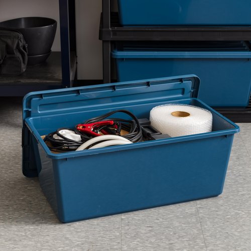 IRIS USA 91 Qt Stackable Plastic Storage Bins with Lids, 4 Pack - BPA-Free, Eco-Friendly, Discreet Organizing Solution, Latches, Durable Nestable Containers, Secure Pull Handle, Made in USA - Navy