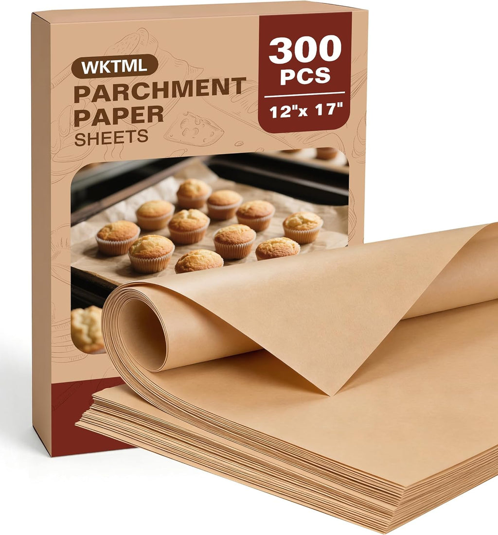 Skiennix Parchment Paper Sheets - 300 Pcs Unbleached Non-Stick Baking Paper | 12x17 Inches for Oven & Air Fryer
