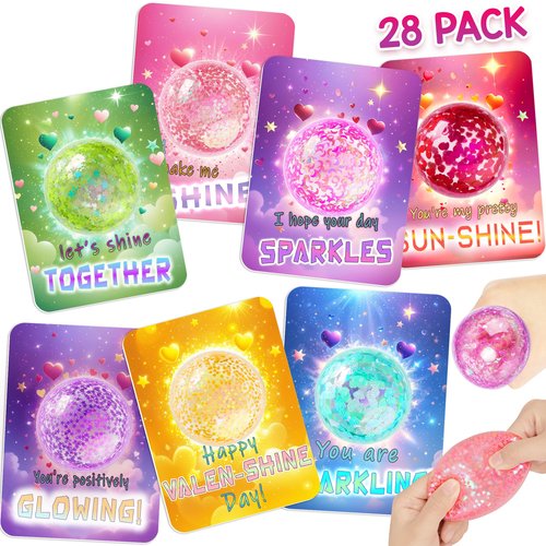 Valentine Gifts for Kids, 28 Pack Valentines Day Cards with Glitter Stress Balls, Squeeze Fidget Toys Bulk for Classroom School Valentine's Gifts Exchange, Valentine Party Favors for Boys Girls