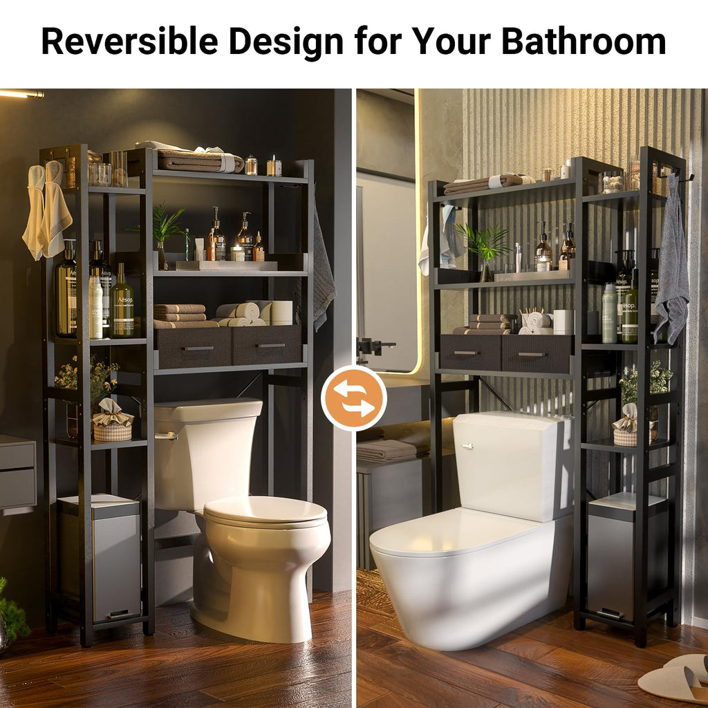 Besiost Over The Toilet Storage with 2 Drawers - 7 Tier Bathroom Organizer with Adjustable Shelf, Freestanding Space Saver Storage Rack Above Toilet Stand with 4 Hooks for Restroom, Laundry, Black