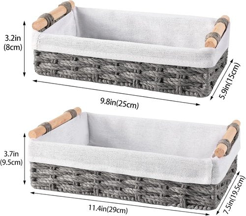 HomeHacks Storage Baskets - 2 Pack Decorative Paper Rope Bins with Handles for Organizing - Grey