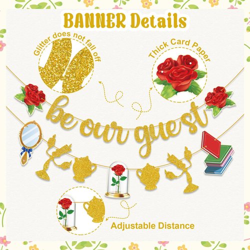 Gold Be Our Guest Banner, Glitter Cartoon Princess Birthday banner Cartoon Theme Party Banner Baby Shower Birthday Party Decorations For Girls Boys