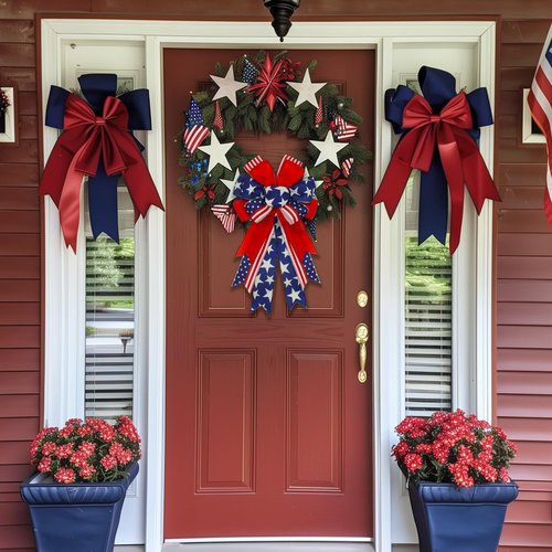Large 4th of July Bows for Wreath 20x11 Inch, 2 Pack Pre-Tied Patriotic Wired Ribbon Bow, Independence Day, Memorial Day, Tree Topper Bow for Front Door Outdoor Decoration (Blue)