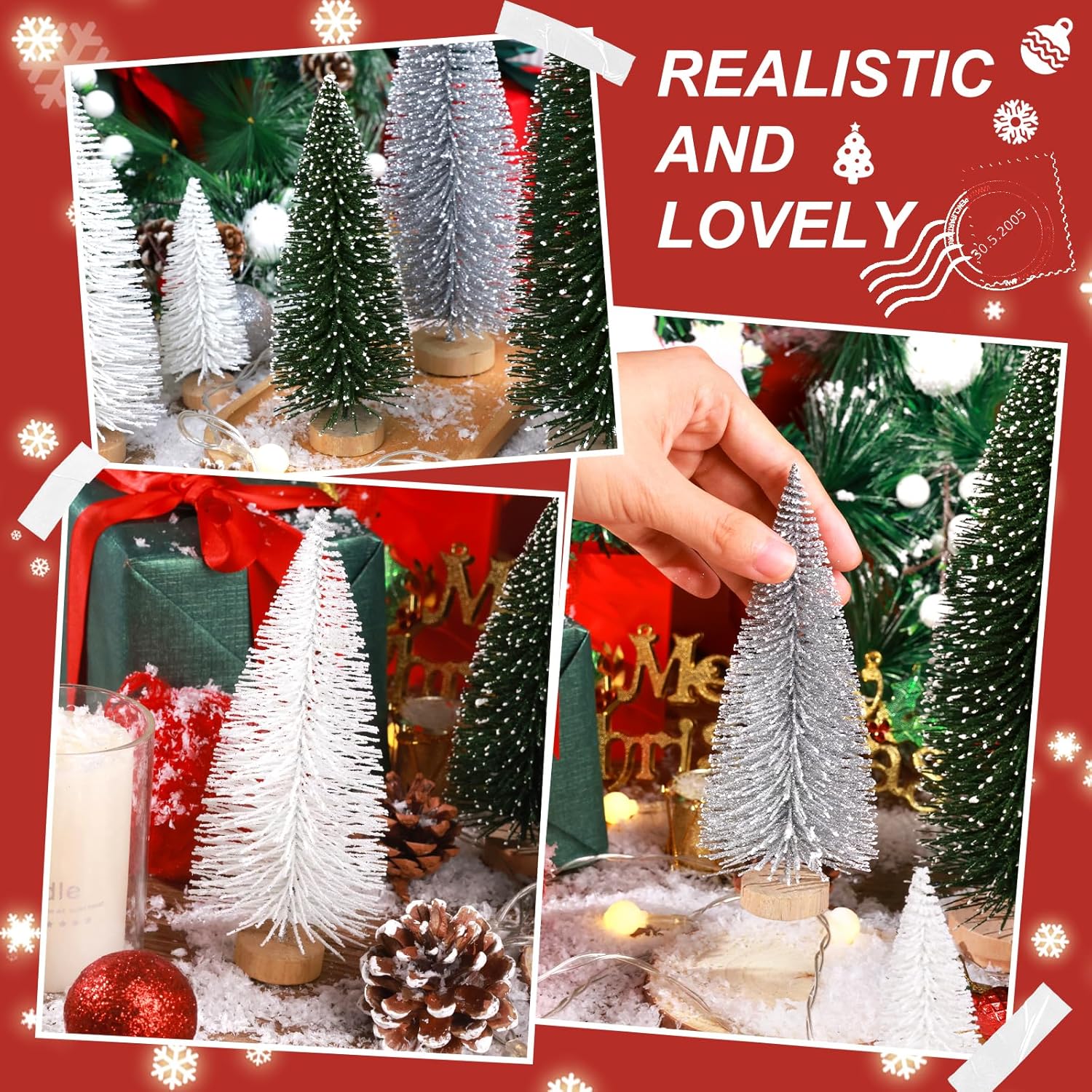 Skiennix Mini Christmas Trees - 6pcs Bottle Brush Decorations for Indoor/Outdoor Holiday Decor | Green, Silver, White