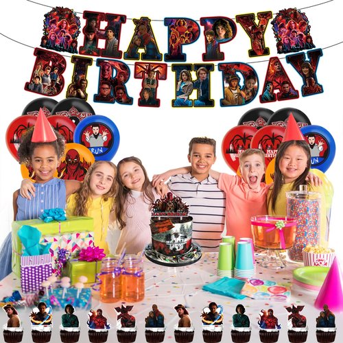 30 Pcs TV Series Role Birthday Decorations, Horror Theme Party Decorations, Includes 1 Banner, 16 Balloons, 1 “Happy Birthday” Topper, and 12 Dessert Decorations.