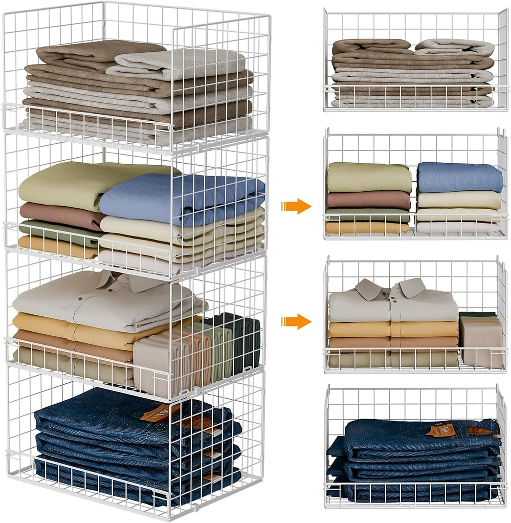 Yociyoga 4-Tier Stackable Closet Organizer - Space-Saving Foldable Storage Baskets | White