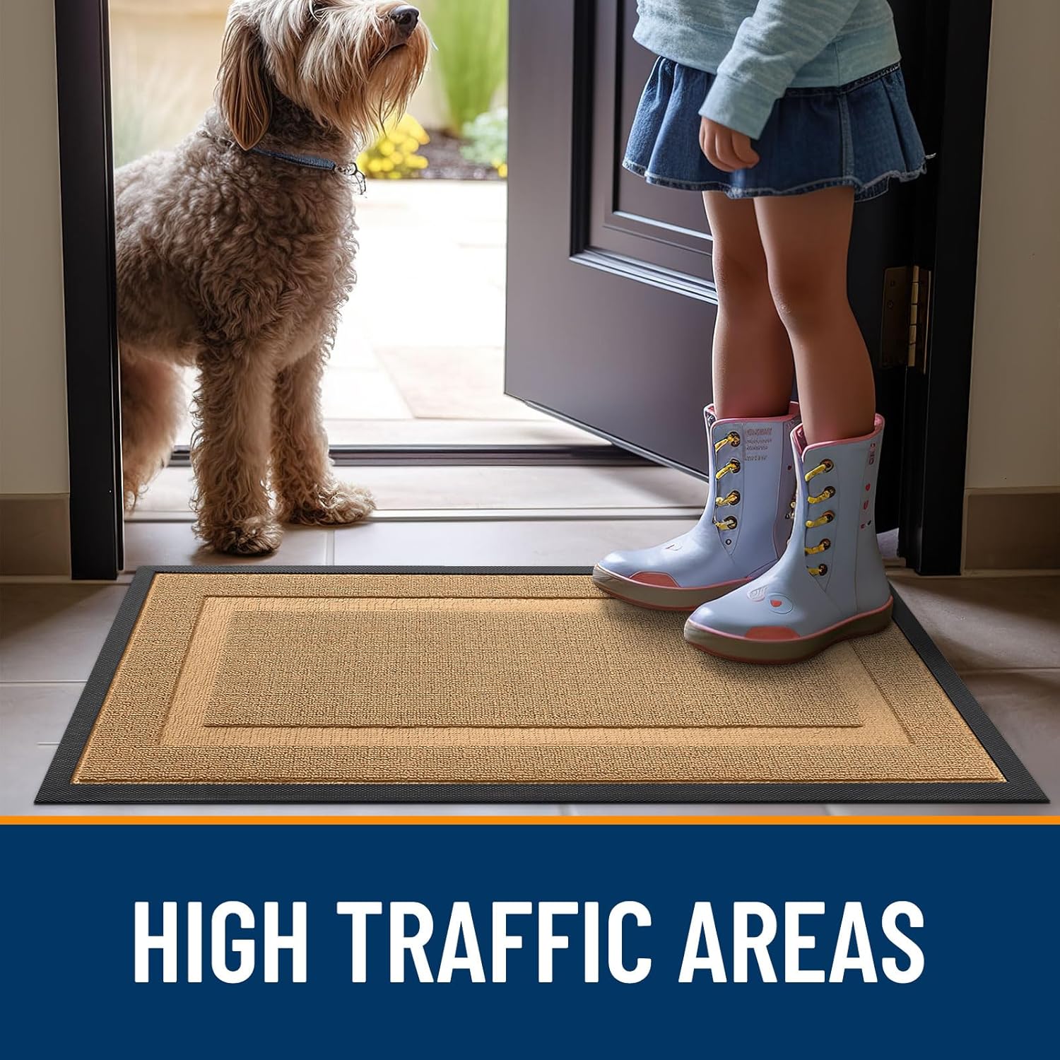 OLANLY Waterproof All-Season Front Door Mat - Sturdy Natural Rubber, Easy Clean, 47x32, Butter Yellow