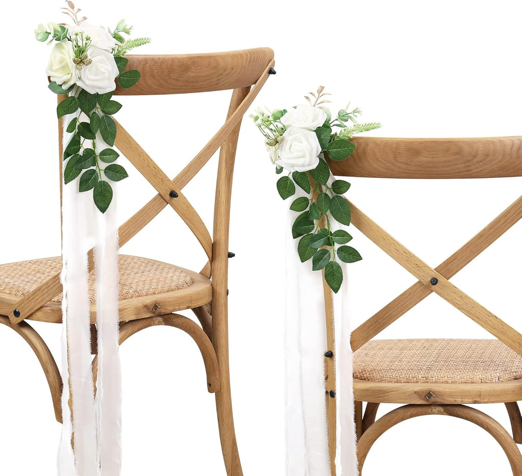 Skiennix Wedding Aisle Decorations - Set of 10 Artificial Pew Flowers with Eucalyptus & Ribbons | Elegant White Decor