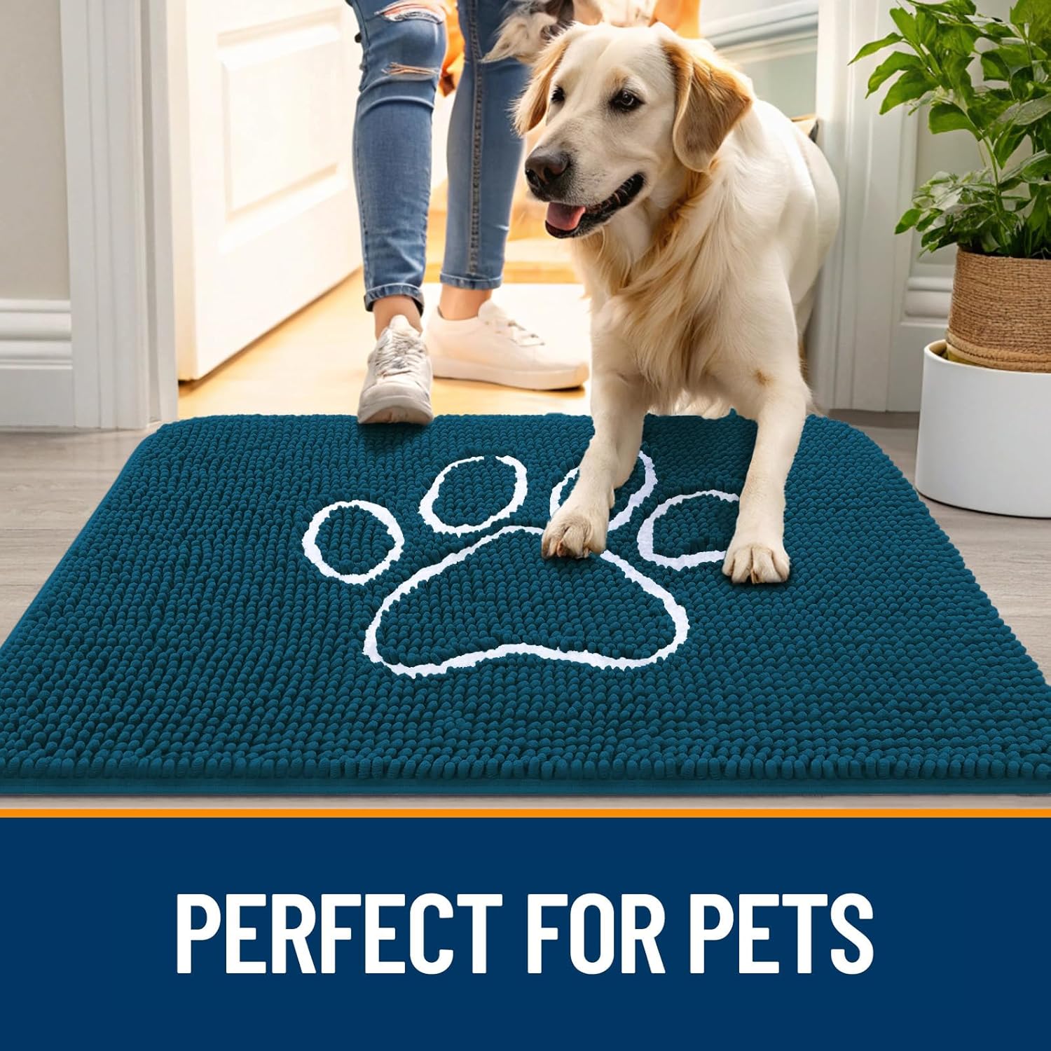 OLANLY Dog Door Mat - Absorbent Non-Slip Mud Mat for Muddy Paws | Quick Dry Chenille, 70x46, Atlantic Blue