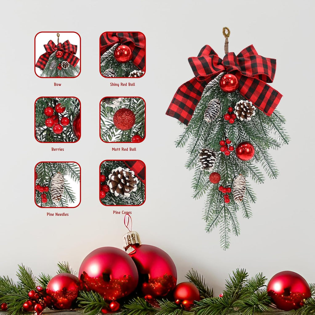 Regine Switzerland Christmas Swag - Decorative Outdoor Garland with Pine Cones & Red Bow | Teardrop Design