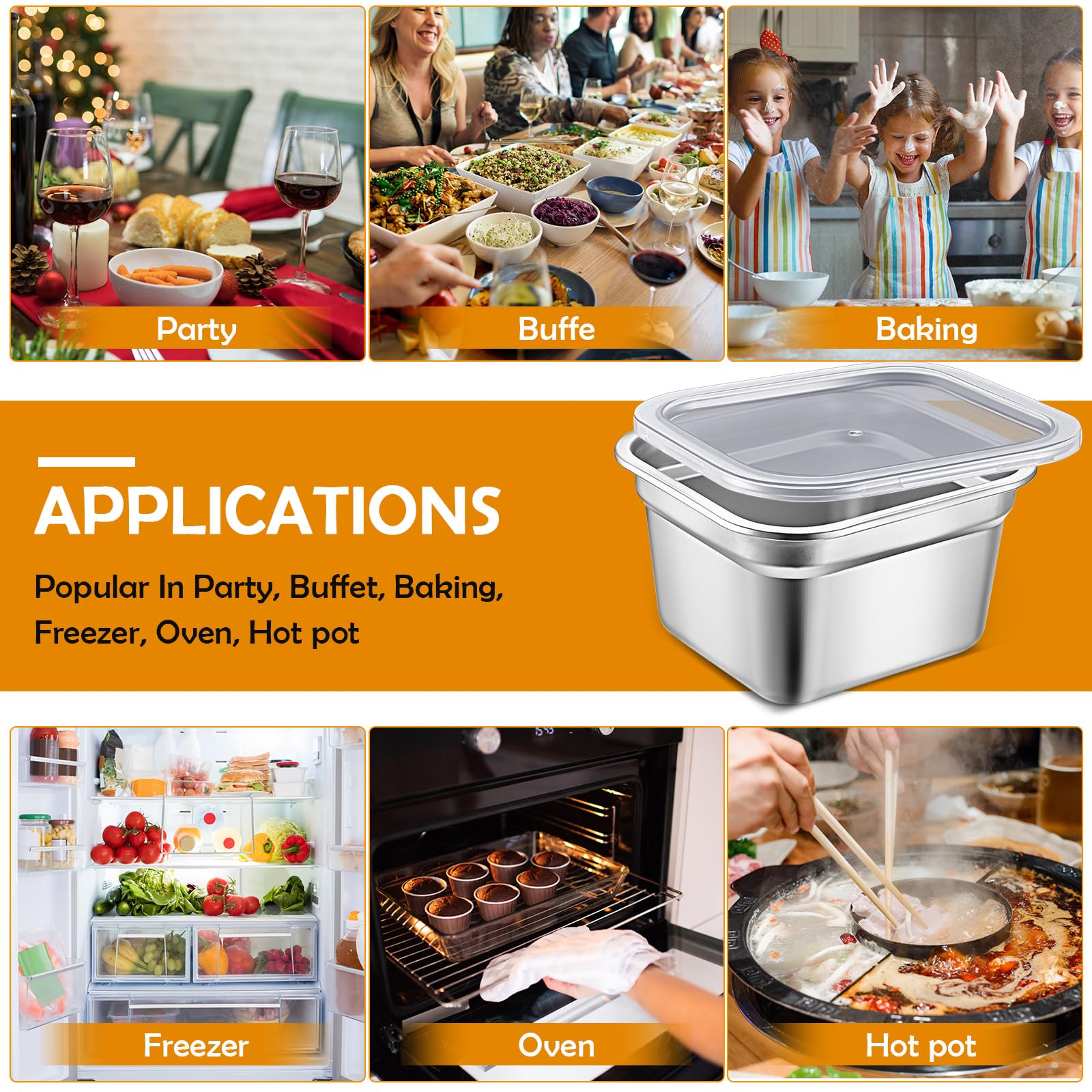 Suttmin 8 Pcs 1/6 Size Hotel Steam Table Pans with Lids, Stainless Steel Food Containers and PP Plastic Covers, Anti-clogging Steamer Pans for Buffet, Catering, Restaurant, and Food Prep(4" Deep)
