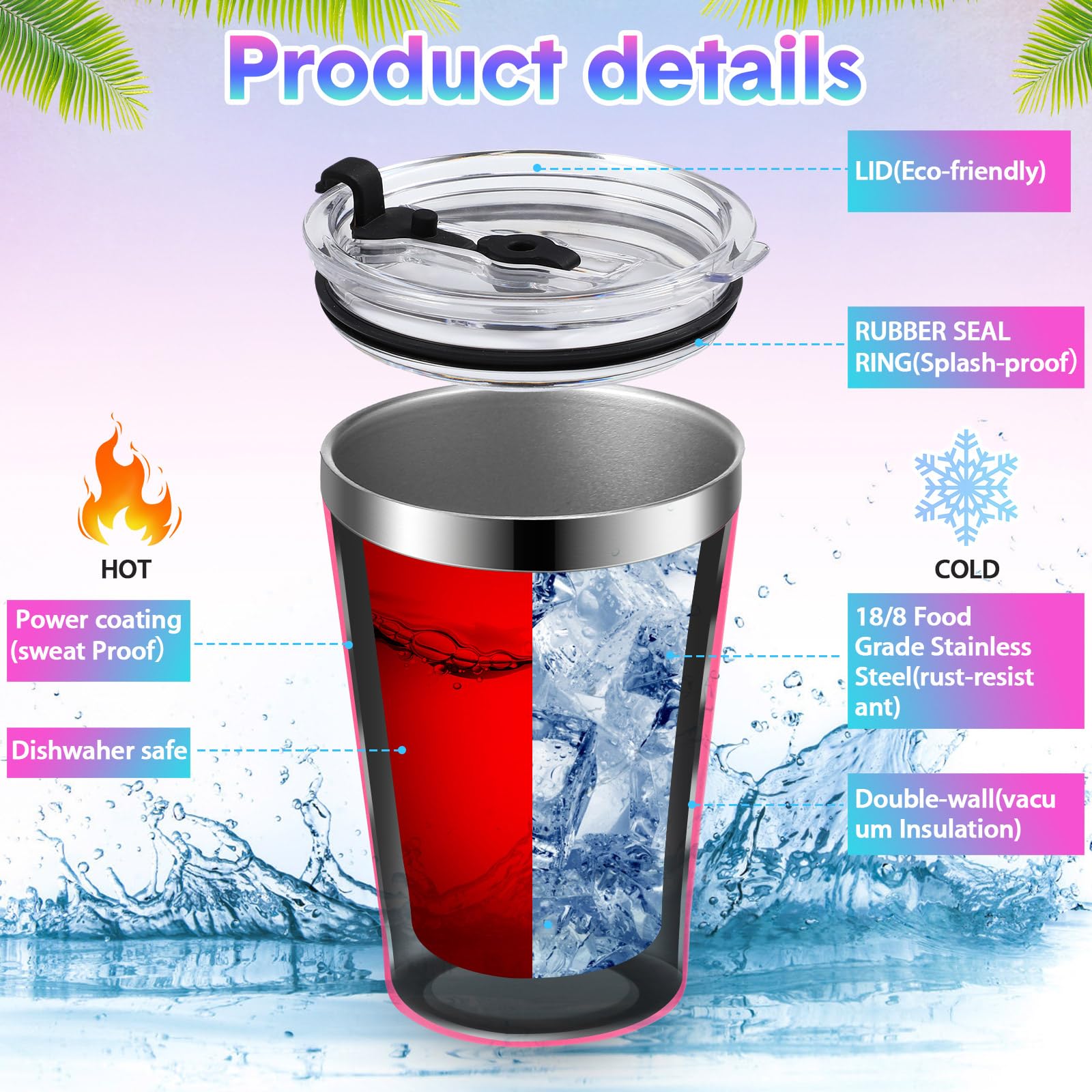 Potchen 16 Pack 12 oz Stainless Steel Insulated Tumbler Bulk with Lids Small Tumblers Vacuum Double Wall Coffee Cups Powder Coated Travel Mug Ideal for Hot and Cold Drinks Home Office Car, 16 Colors
