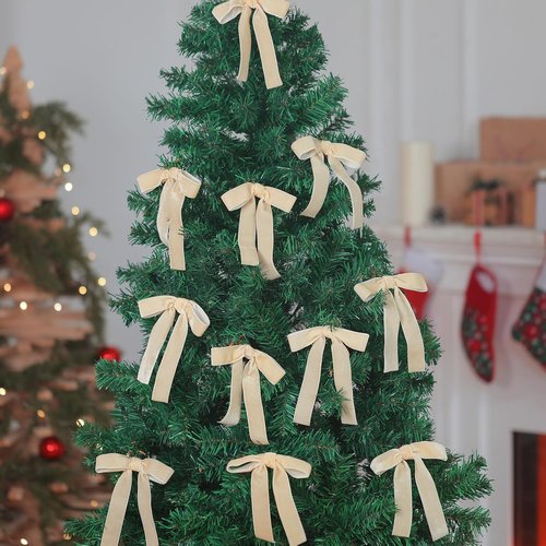 Beige Velvet Bows by [Brand Name] - 24 Pcs Christmas Tree Ornaments | Perfect for Home Decor & Weddings (5 x 7 Inch, 1 Inch Width)
