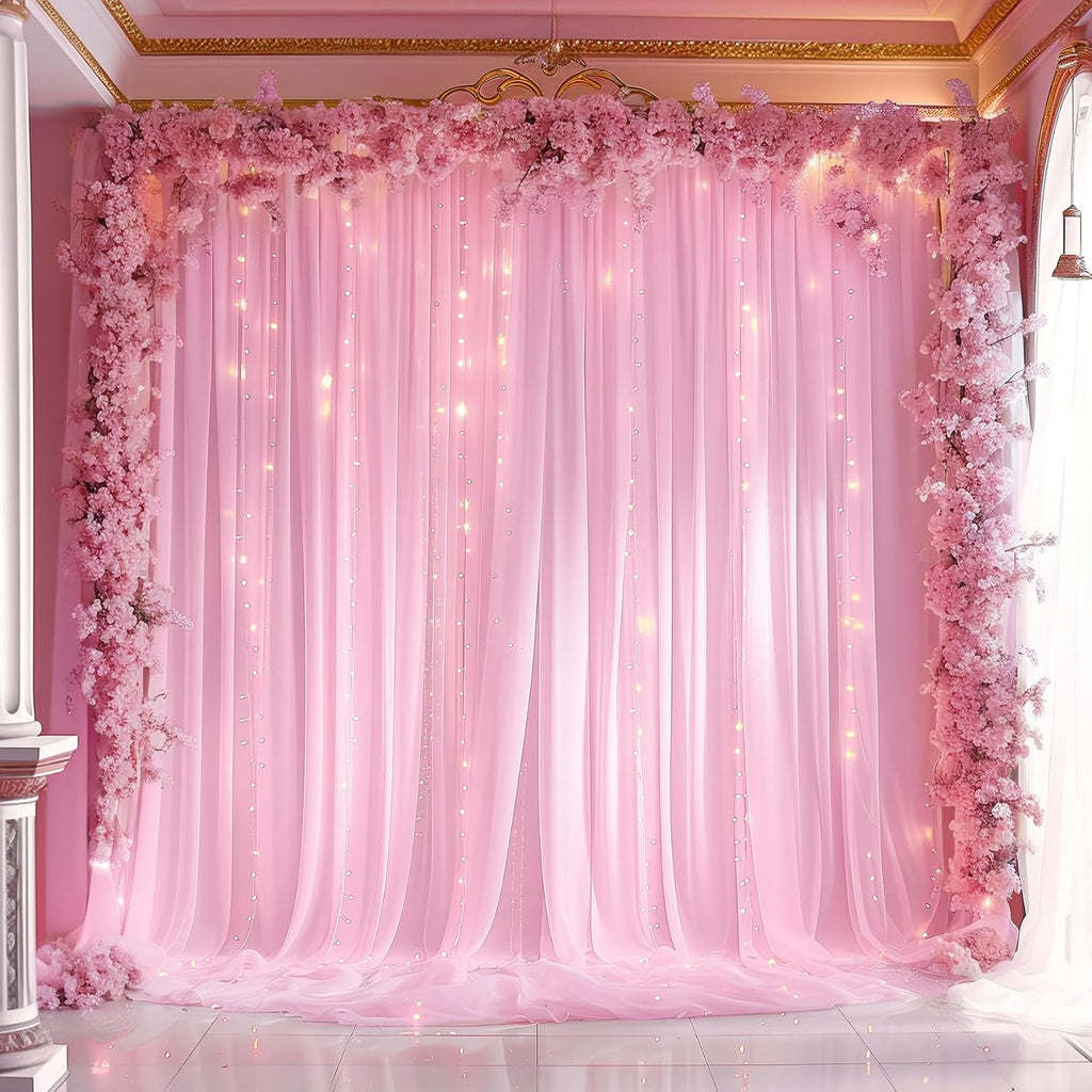 Skiennix 10ft x 10ft Pink Backdrop Curtain - Sheer Tulle with String Lights for Weddings & Parties