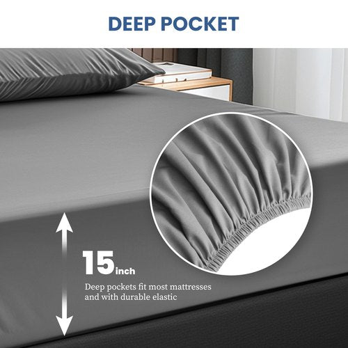 Simple Deluxe 4 Piece Queen Size Sheet Set, Hotel Luxury Bed Sheets, Wrinkle Free - Deep Pockets - Breathable & Cooling Sheet- Easy Care (Queen, 02-Grey)