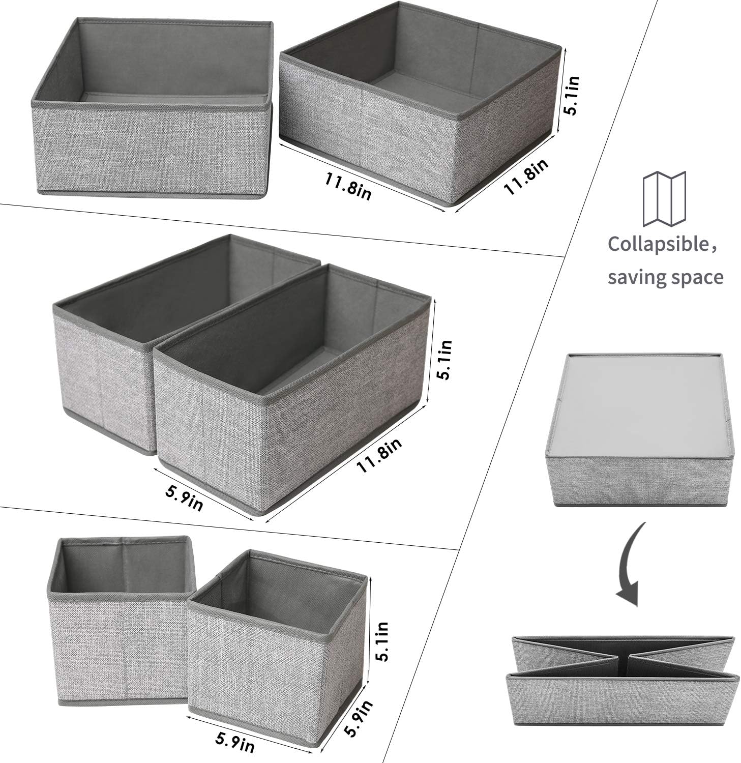 Criusia Foldable Underwear Drawer Organizer - Closet Dividers for Clothes & Socks | 6 Gray Bins